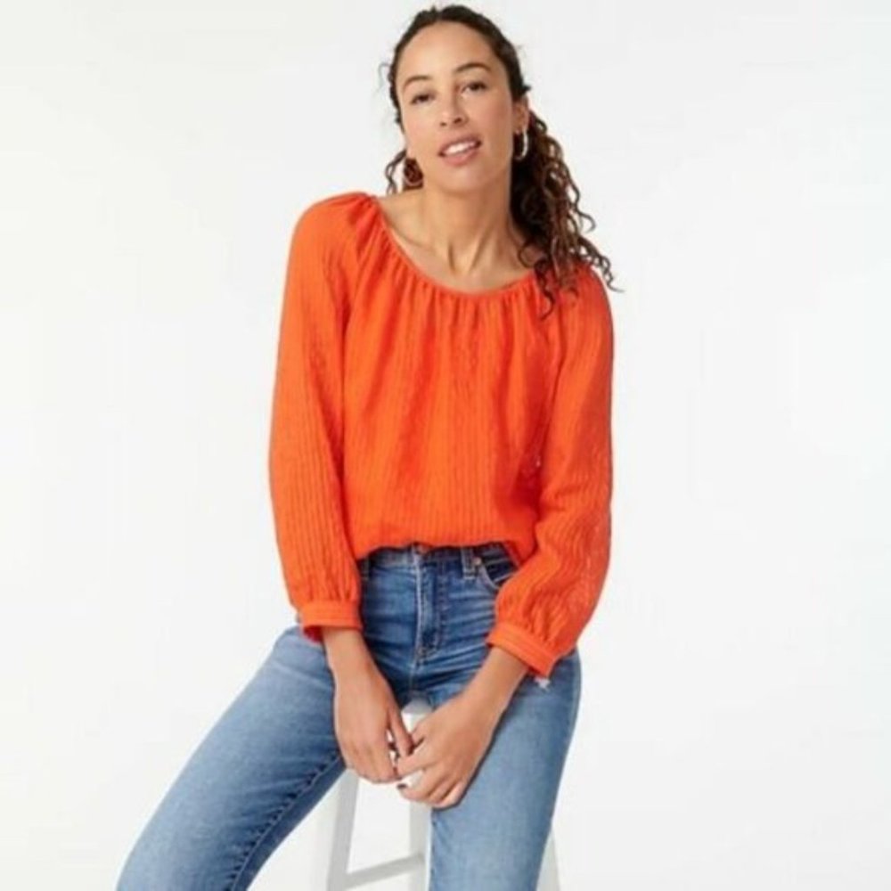 J.Crew Tie-Back Top semi sheer Shadow Stripe lined relax fit XS orange New